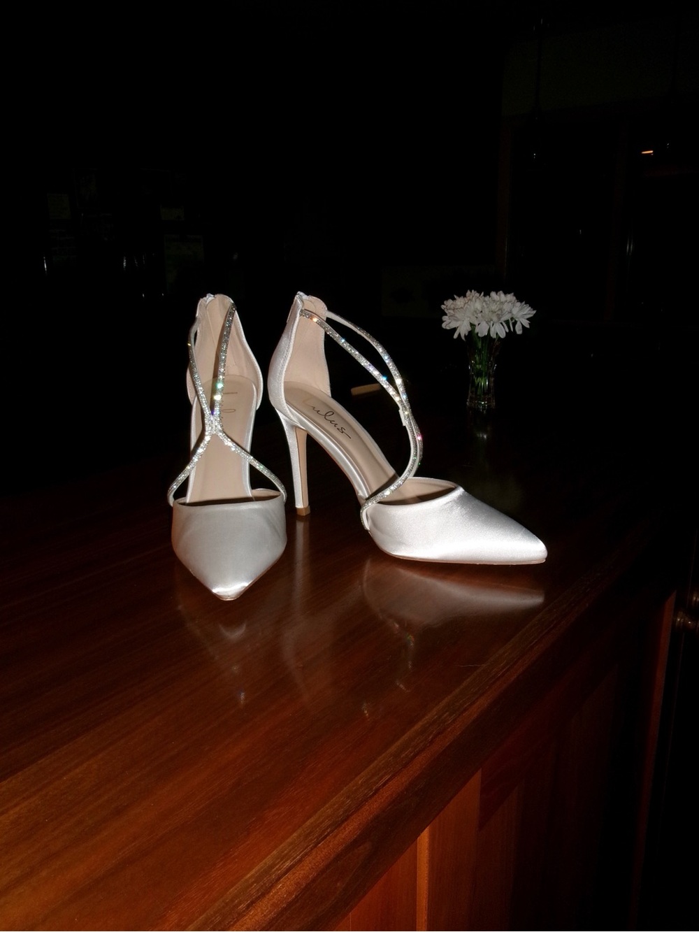 Lulu's Ivory Satin Pointed-Toe Heels with Crystal Cross-Straps
